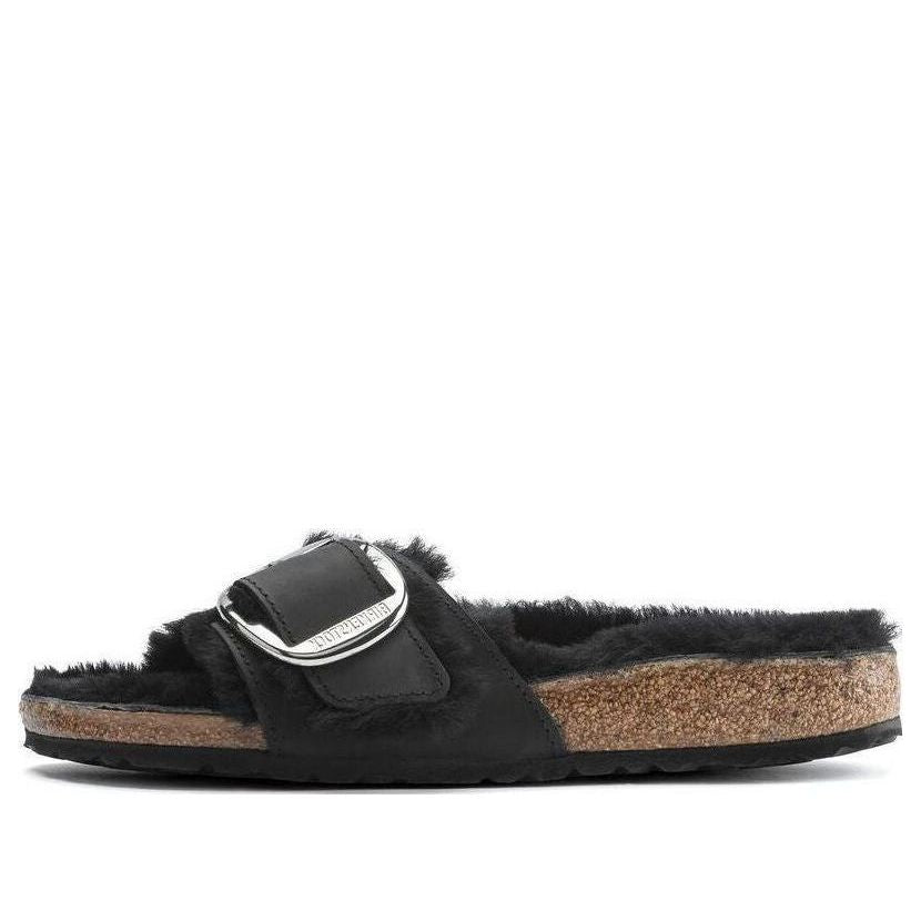 (WMNS) Birkenstock Madrid Big Buckle Shearling Oiled Leather Narrow Fit Sandals 'Black' 1020136