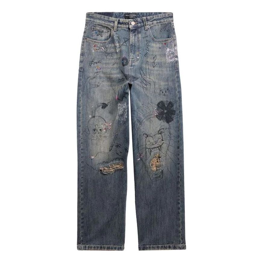 Balenciaga Doodle-Print Straight Denim Pants 'Blue' 746986TOW664036