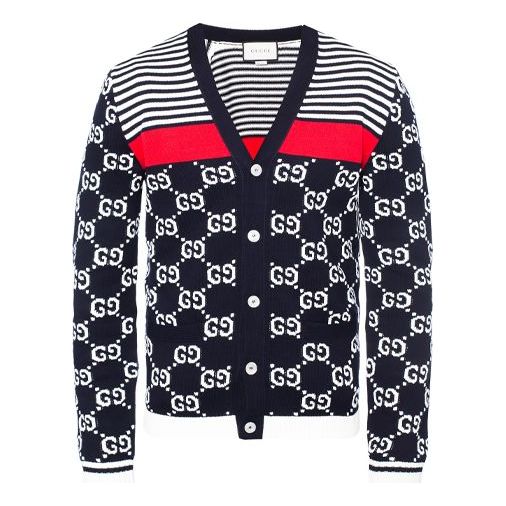 Gucci Classic Full Logo Stitching Wool Knitted Cardigan For Men Navy 523048-X9I07-4696