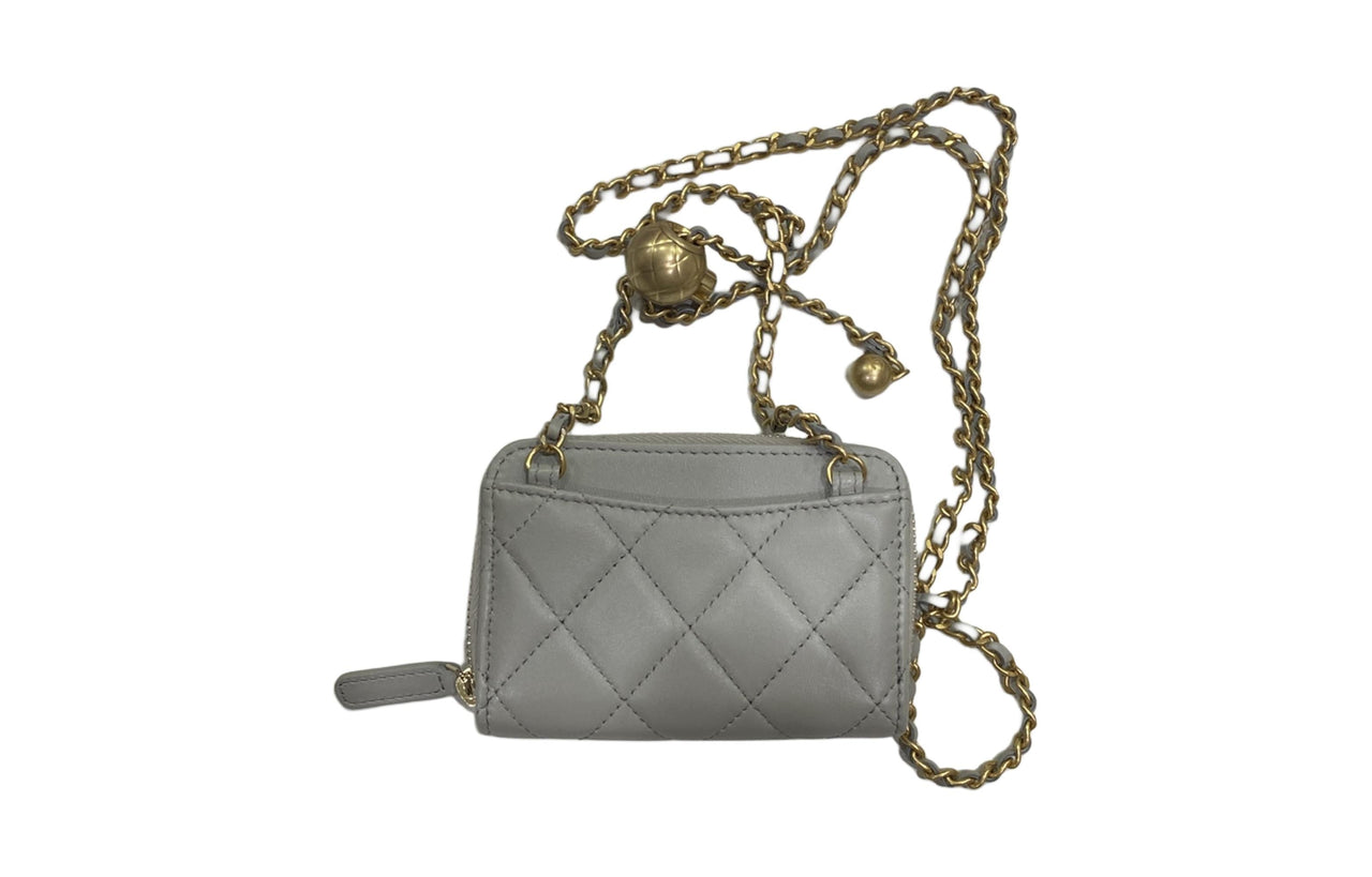 CHANEL Sheepskin Coin Purse Women's Light Gray