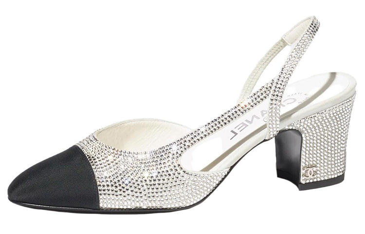 CHANEL Strass 65mm Slingbacks Silver Black Grosgrain Women's