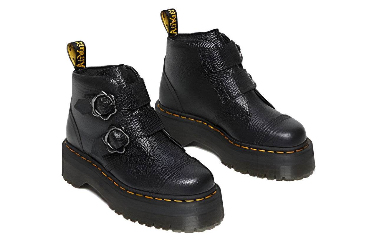 (WMNS) Dr. Martens Devon Flower Buckle Leather Platform Boots 'Black' 27642001