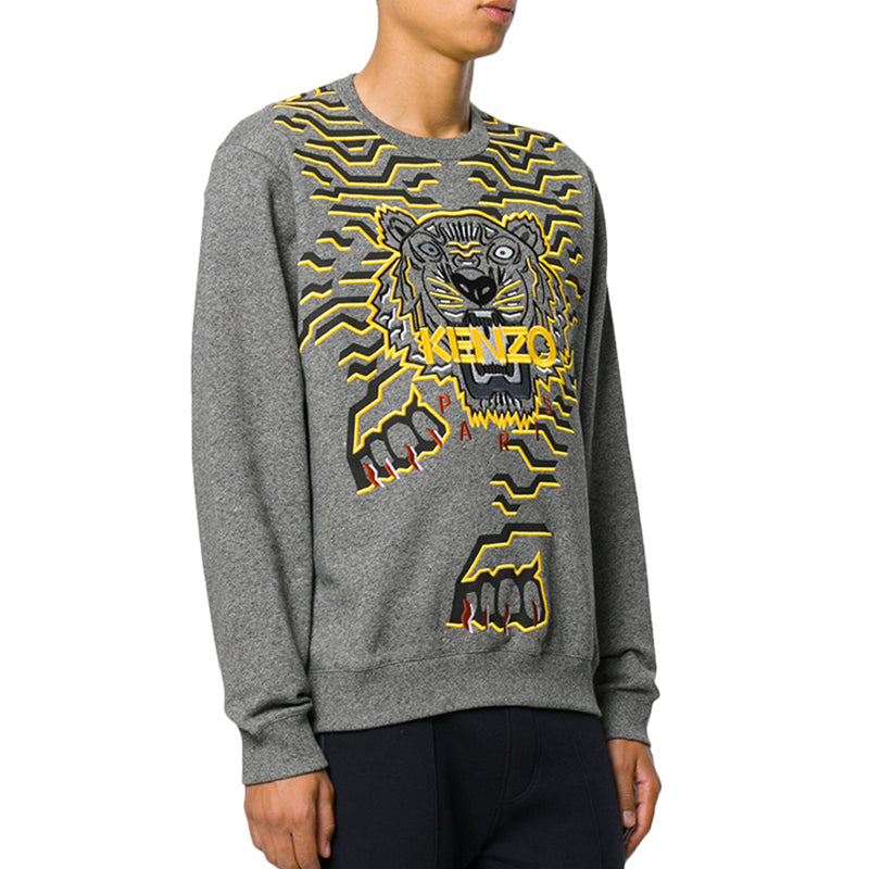 Men's KENZO Tiger Head Embroidered Round Neck Long Sleeves Gray 5SW0764XE-98