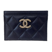 CHANEL Embossed Shiny Calfskin Card Holder Small Size Women's Blue
