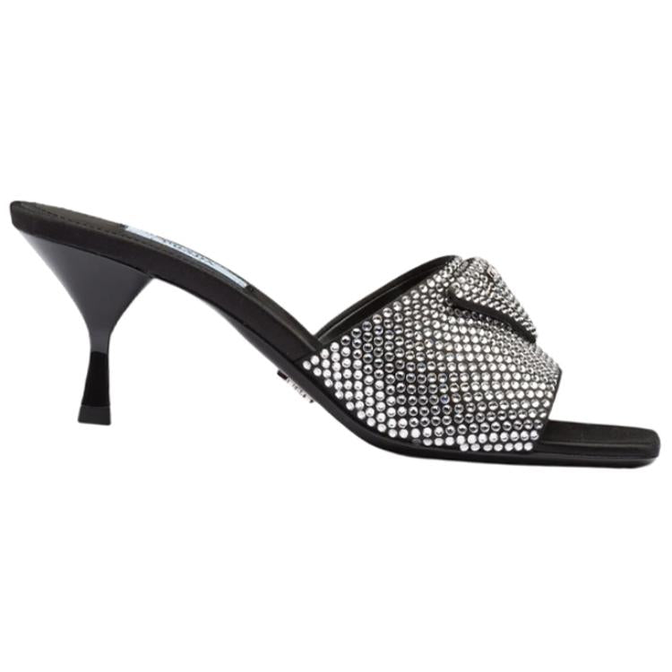 PRADA 65mm Crystal Heeled Sandals Black Satin Women's