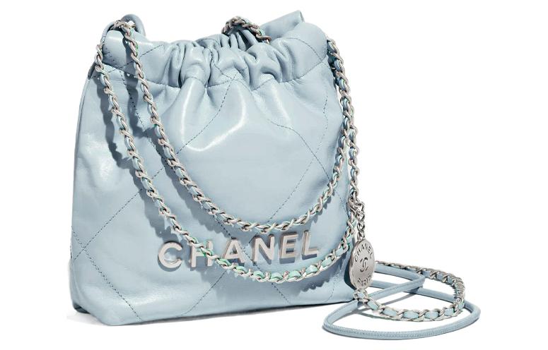 CHANEL 22Bag Shiny Calfskin Bucket Bags Shoulder Bag Crossbody Bag Mini Women's Cream Blue/Baby Blue
