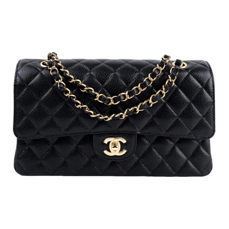 CHANEL Classic Double Flap Quilted Caviar Gold-tone Medium Black