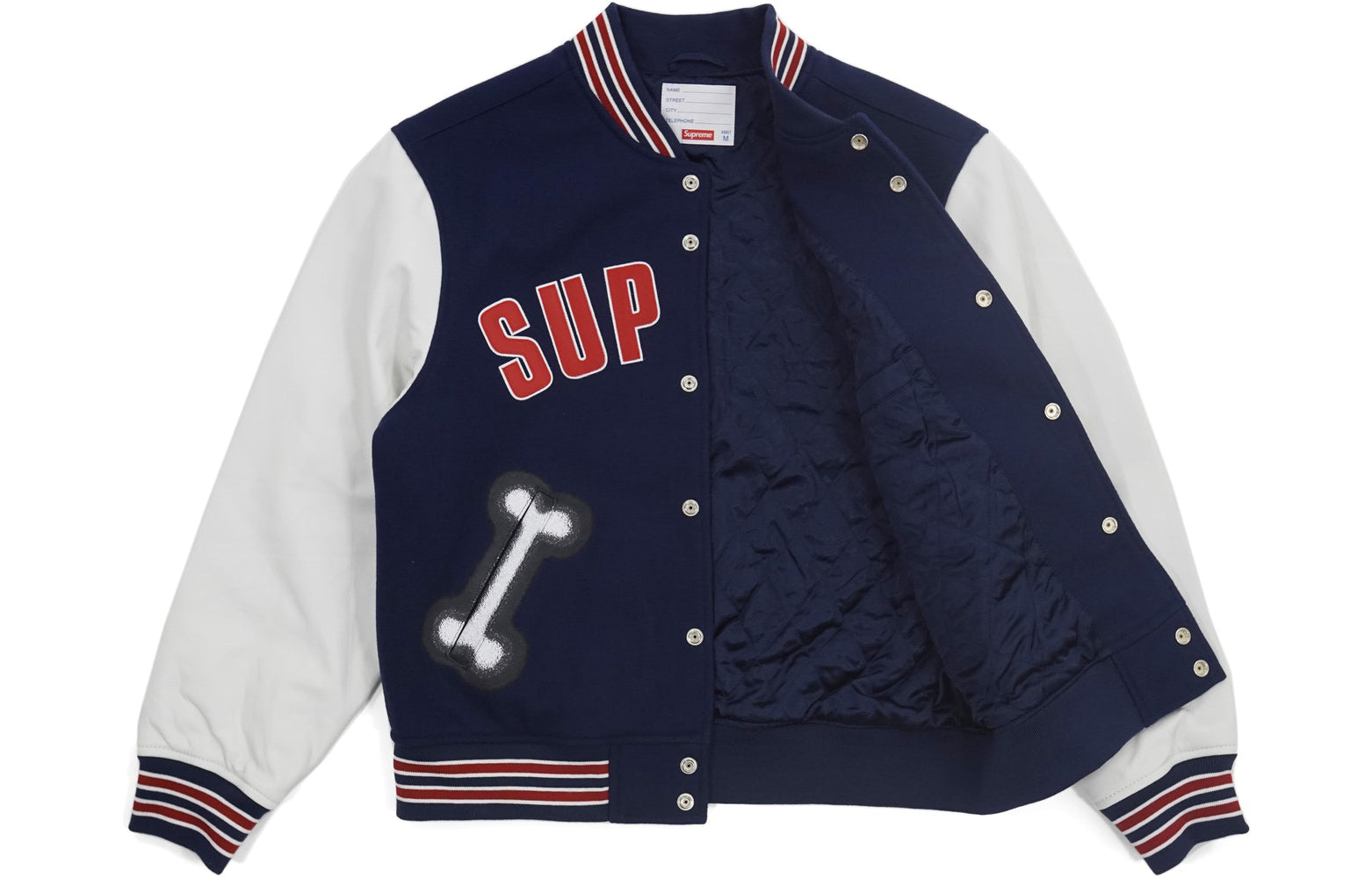 Supreme FW18 Bone Varsity Jacket Navy Sleeve Unisex Navy Blue SUP-FW18-492