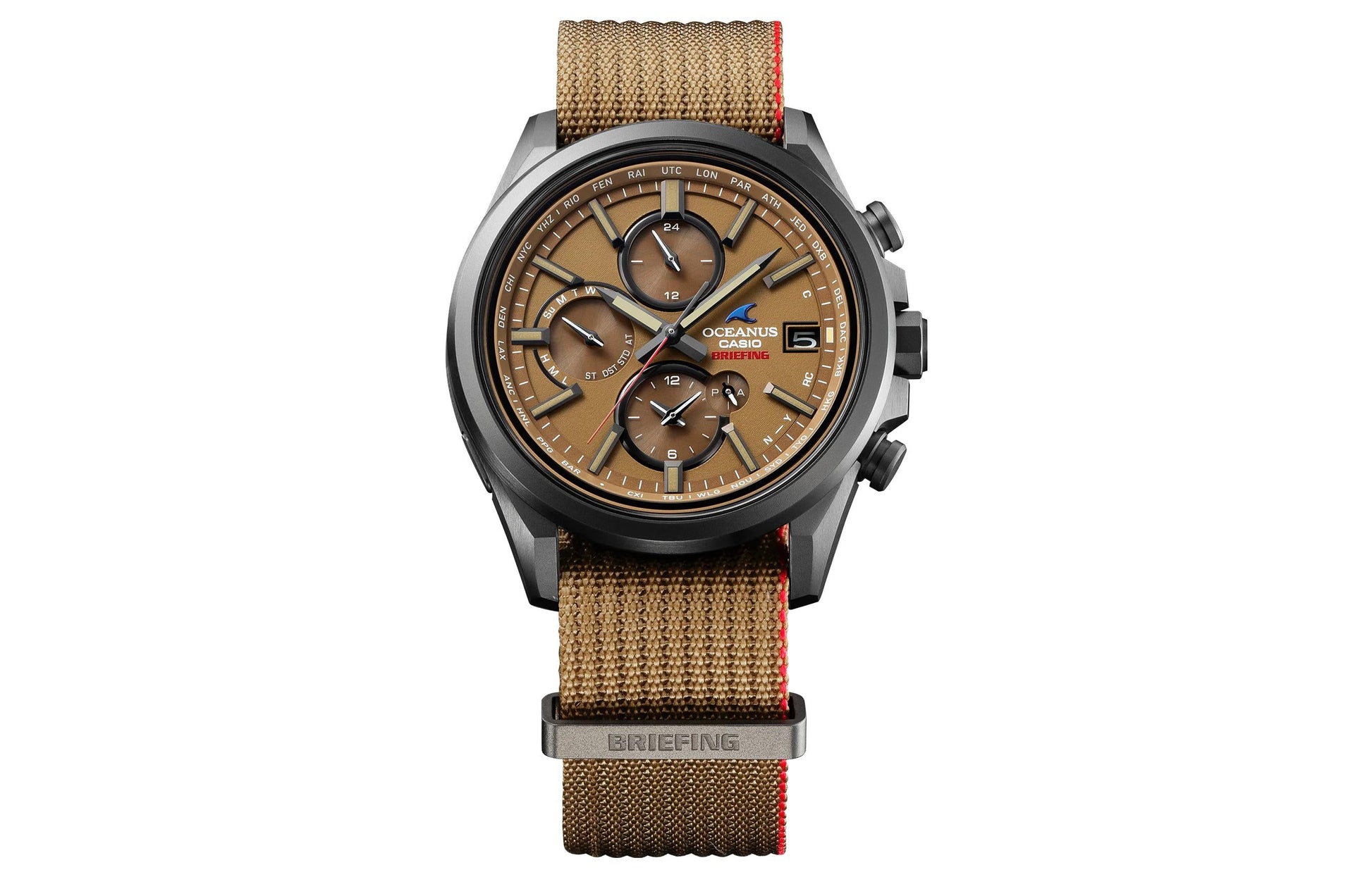 Men's CASIO Waterproof Business Quartz Movement 48.1*42.8*11.9mm Casual Fabric Strap Watch Mens Brown Analog OCW-T4000BRE-5AJR