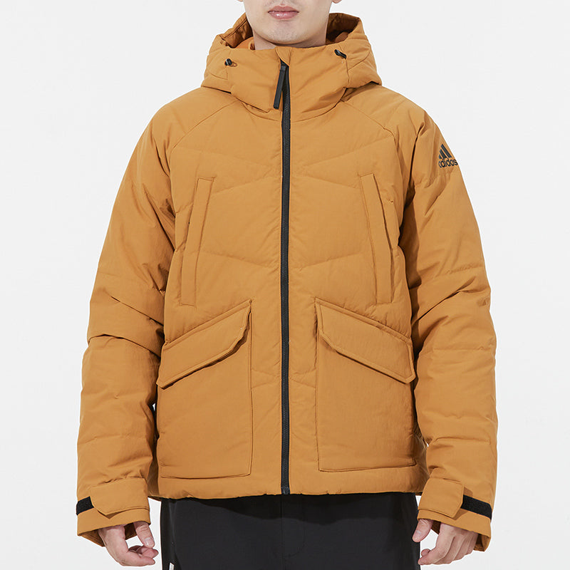 Men's adidas Big Baffle Jkt Casual Sports Zipper Cardigan Hooded Down Jacket Turmeric GQ2506