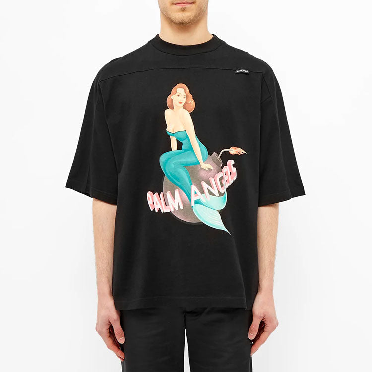 Men's PALM ANGELS Mermaid Logo Printing Short Sleeve Black PMAA047R204130251088