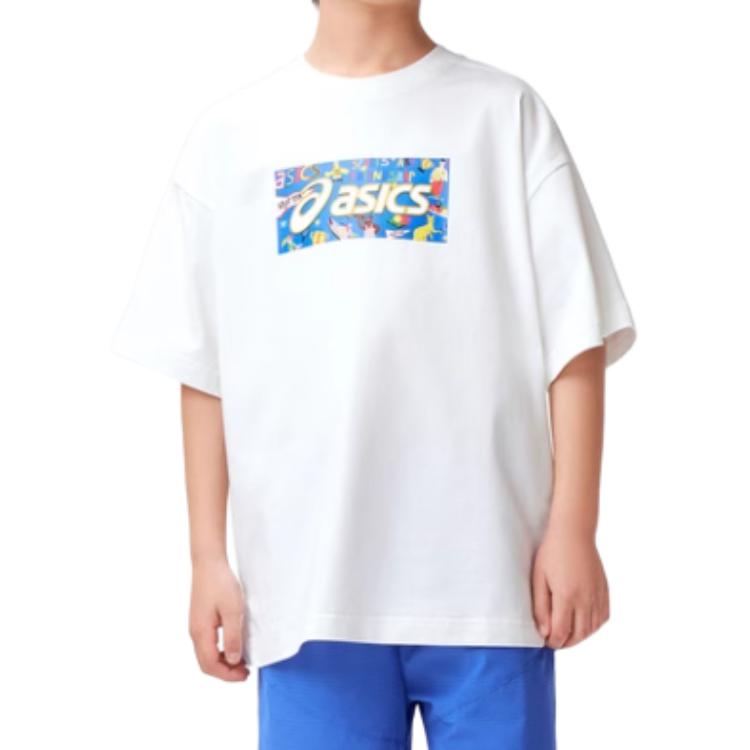 (GS) ASICS Logo Print T-shirt 'White Blue' 332241173077-10