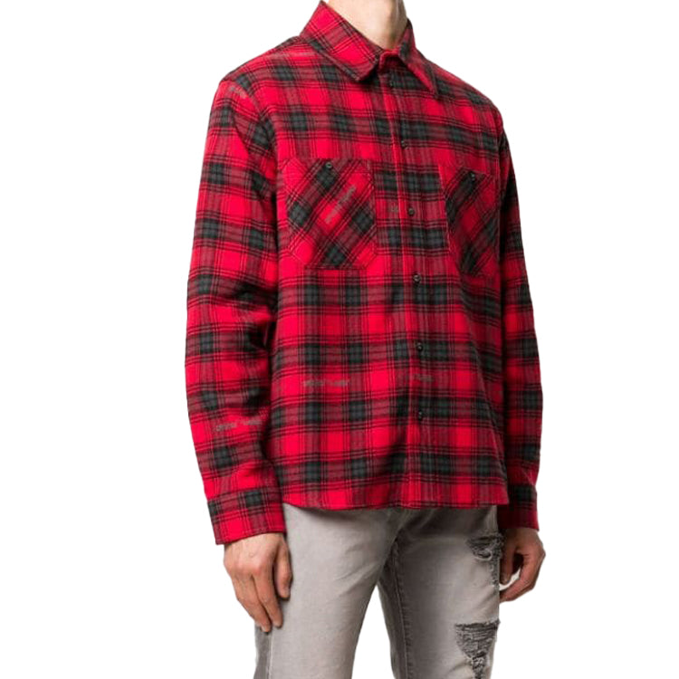 Off-White Arrow Printing Plaid Long Sleeves Shirt Red OMGA133E20FAB0012510