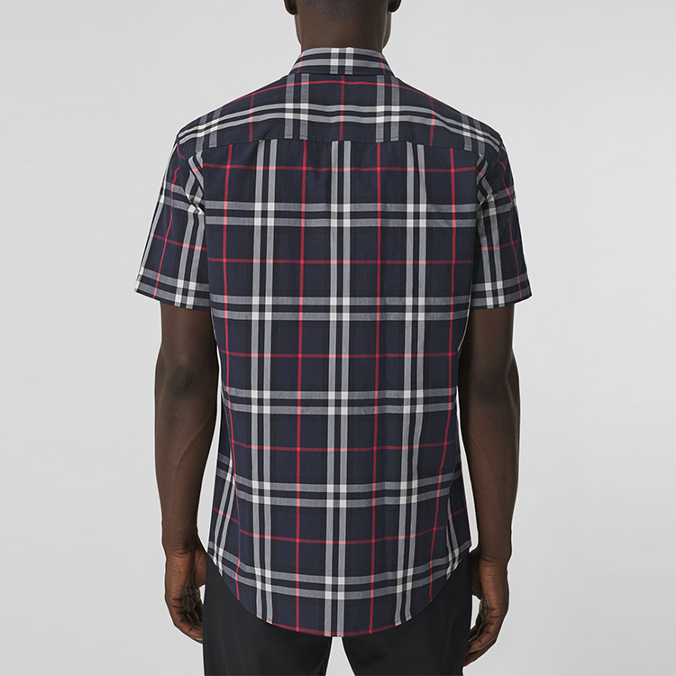Men's Burberry SS21 Logo Plaid Loose Short Sleeve Shirt Navy Blue 80433391