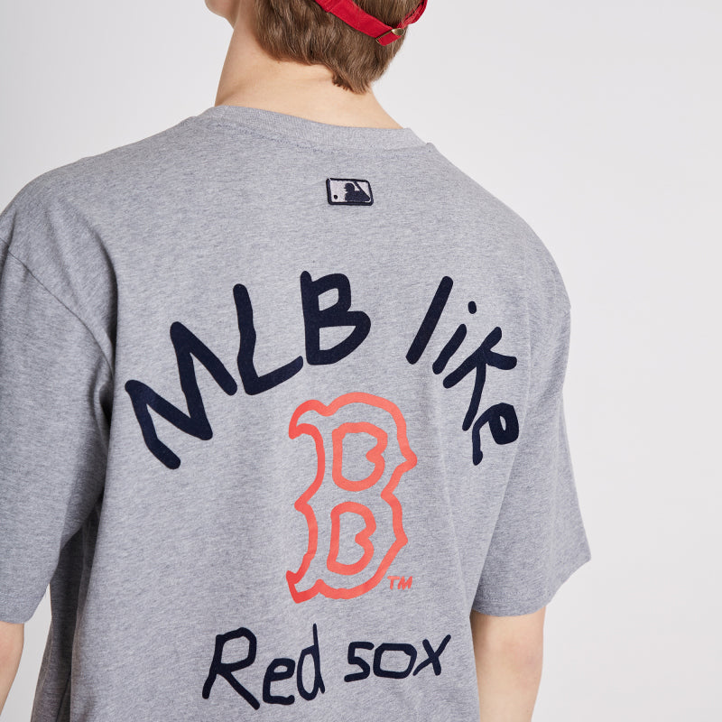 MLB LIKE Popcorn Series Boston Red Sox Graffiti Printing Round Neck Loose Short Sleeve Unisex Gray 31TSSJ931-43M