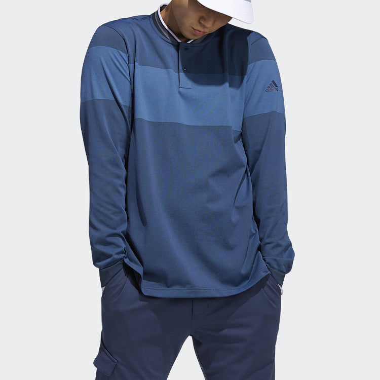 Men's adidas Sports Colorblock Pullover Long Sleeves Double Buckle Blue Polo Shirt GU5084
