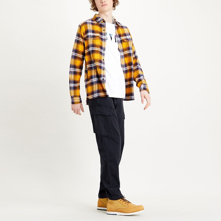 Men's Levis Series lapel Plaid Long Sleeves Shirt Yellow 19573-0124