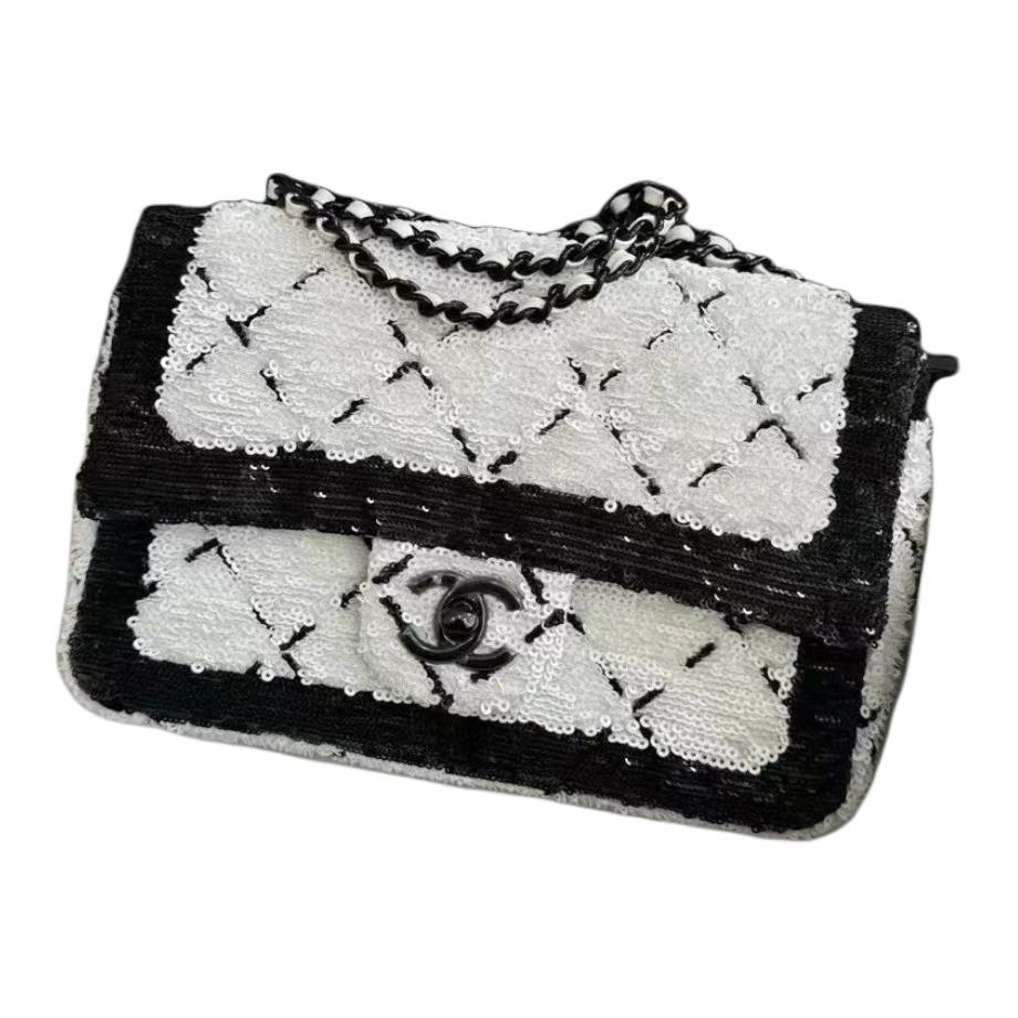 CHANEL Woven Tweed Shoulder Bag Crossbody Bag Handbag Small Size Women's Black & White