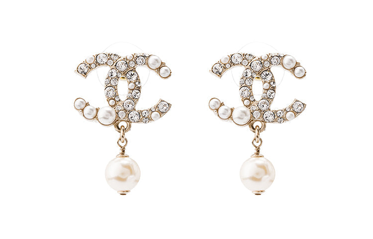 CHANEL Metal Earrings Women's Gold/Pearl White