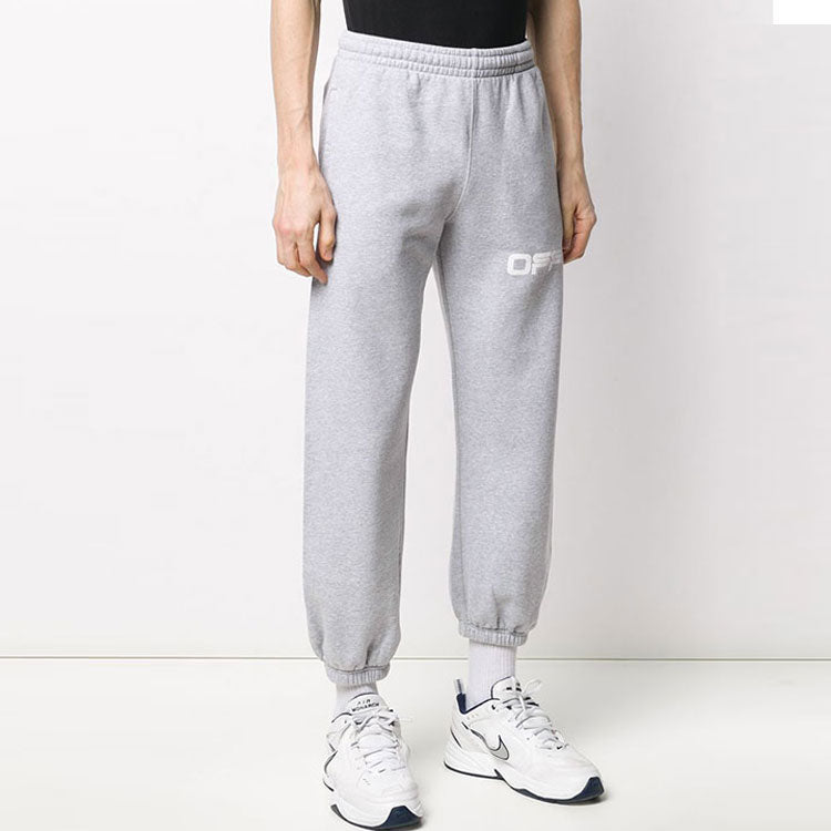 Men's Off-White Logo Printing Bundle Feet Sports Pants/Trousers/Joggers Light Grey OMCH022S20E300030788