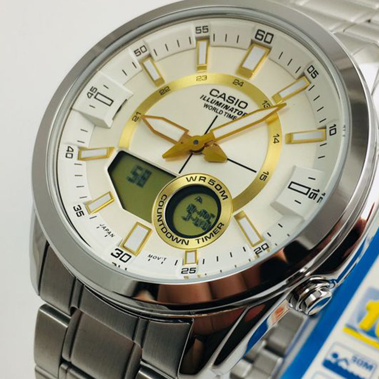 CASIO Waterproof Stainless Steel Strap Mens Silver Analog/Digital Combo AMW-810D-9A