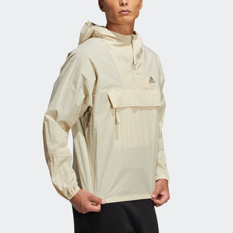 Men's adidas Solid Color Half Zipper Hooded Windbreaker Jacket Japanese Version Creamy White HD0068