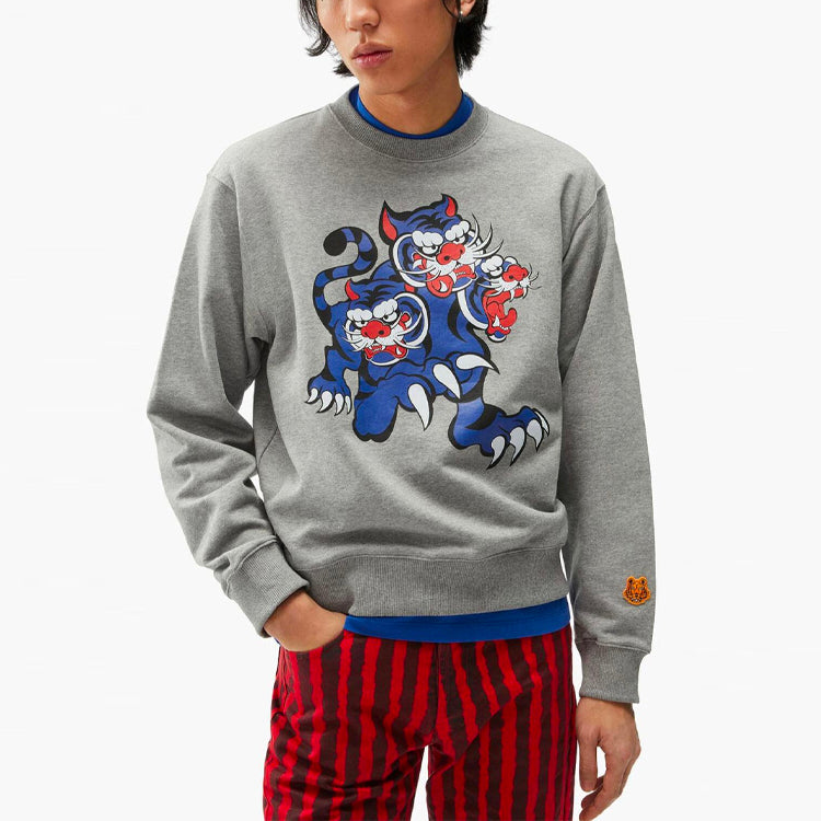 Men's KENZO x Kansaiyamamoto Crossover SS21 TIGER Cartoon Printing Pattern Round Neck Pullover Gray FB55SW0134ML-95