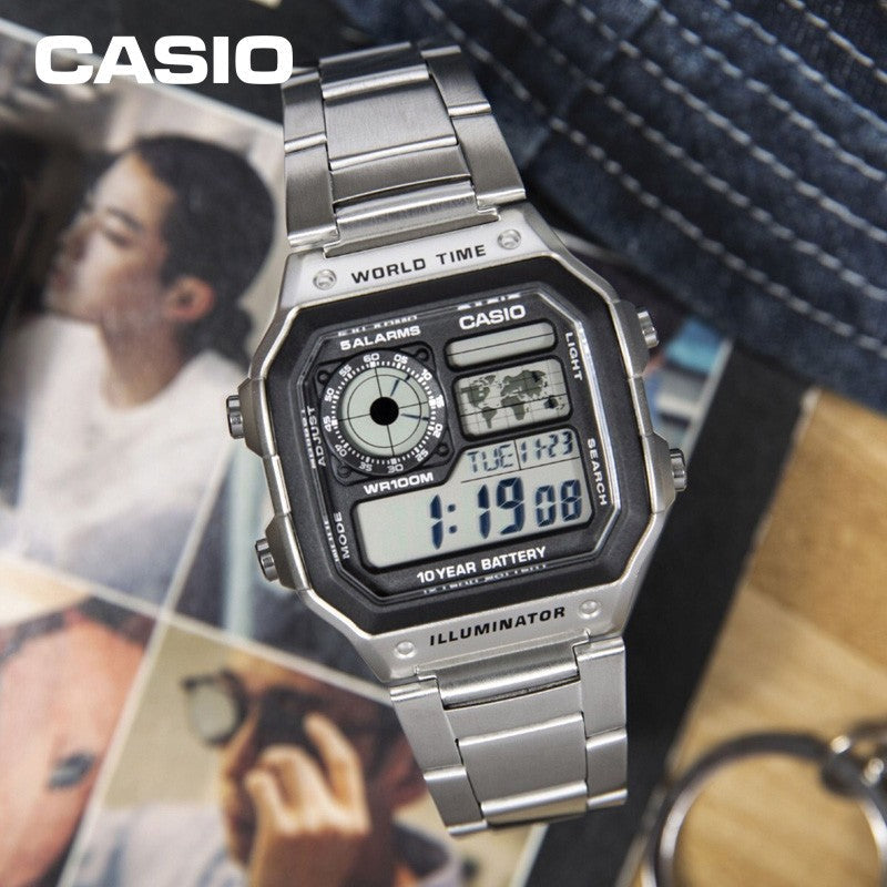 CASIO Youth Series Standard Stainless Steel Sliver Quartz Waterproof Mens Silver Digital AE-1200WHD-1AV