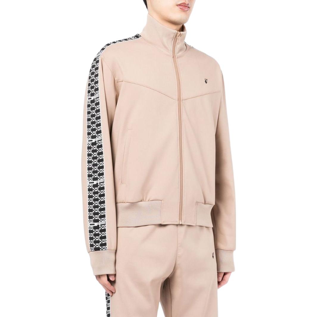 Men's Off-White SS22 Stripe Splicing High Collar Zipper Long Sleeves Version Khaki Jacket OMBD038S22FAB0016201CAMEL
