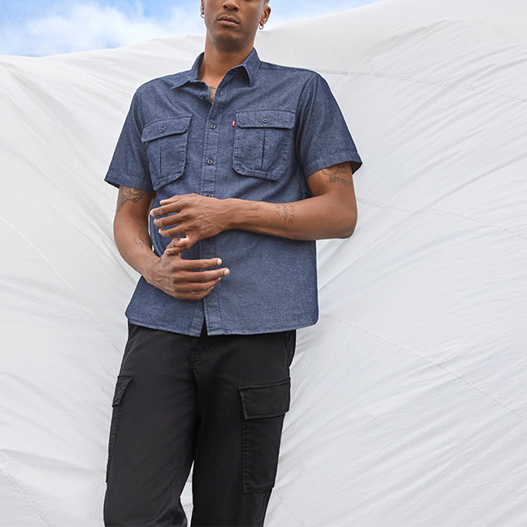 Men's Levis Series lapel Denim Short Sleeve Shirt Gray 39040-0003