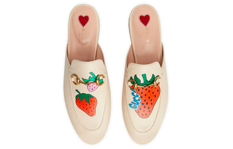 (WMNS) Gucci Princetown Strawberry Printing Leather Slipper White 580082-1GN00-9531