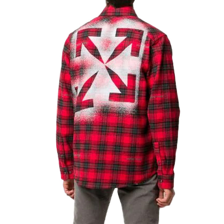 Off-White Arrow Printing Plaid Long Sleeves Shirt Red OMGA133E20FAB0012510