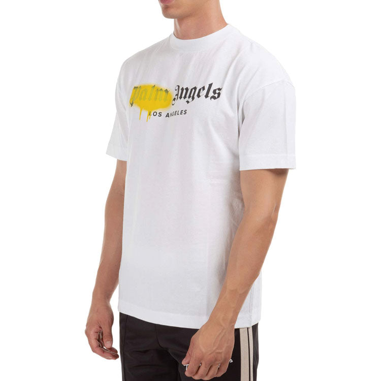 Men's PALM ANGELS Yellow Graffiti Logo Short Sleeve White PMAA001F20JER0160118