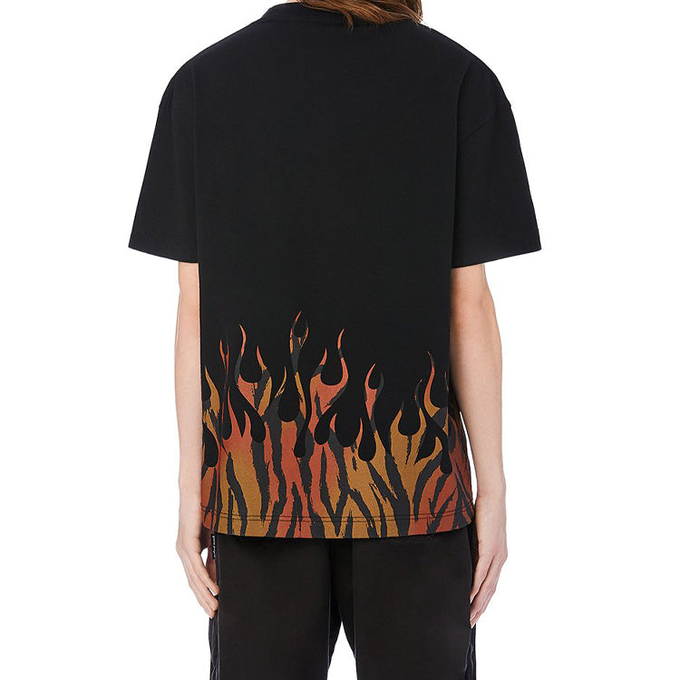 Men's PALM ANGELS Flame Alphabet Logo Printing Short Sleeve Black PMAA001E20JER0011020