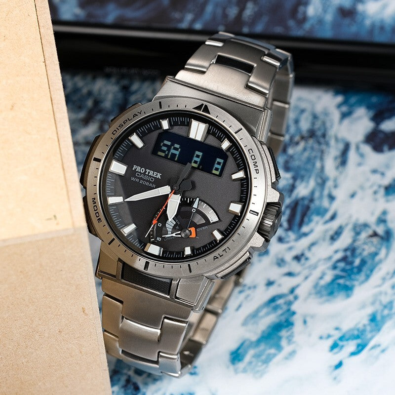 CASIO Waterproof Sports Solar Powered Mens Silver Analog/Digital Combo PRW-70YT-7PRD