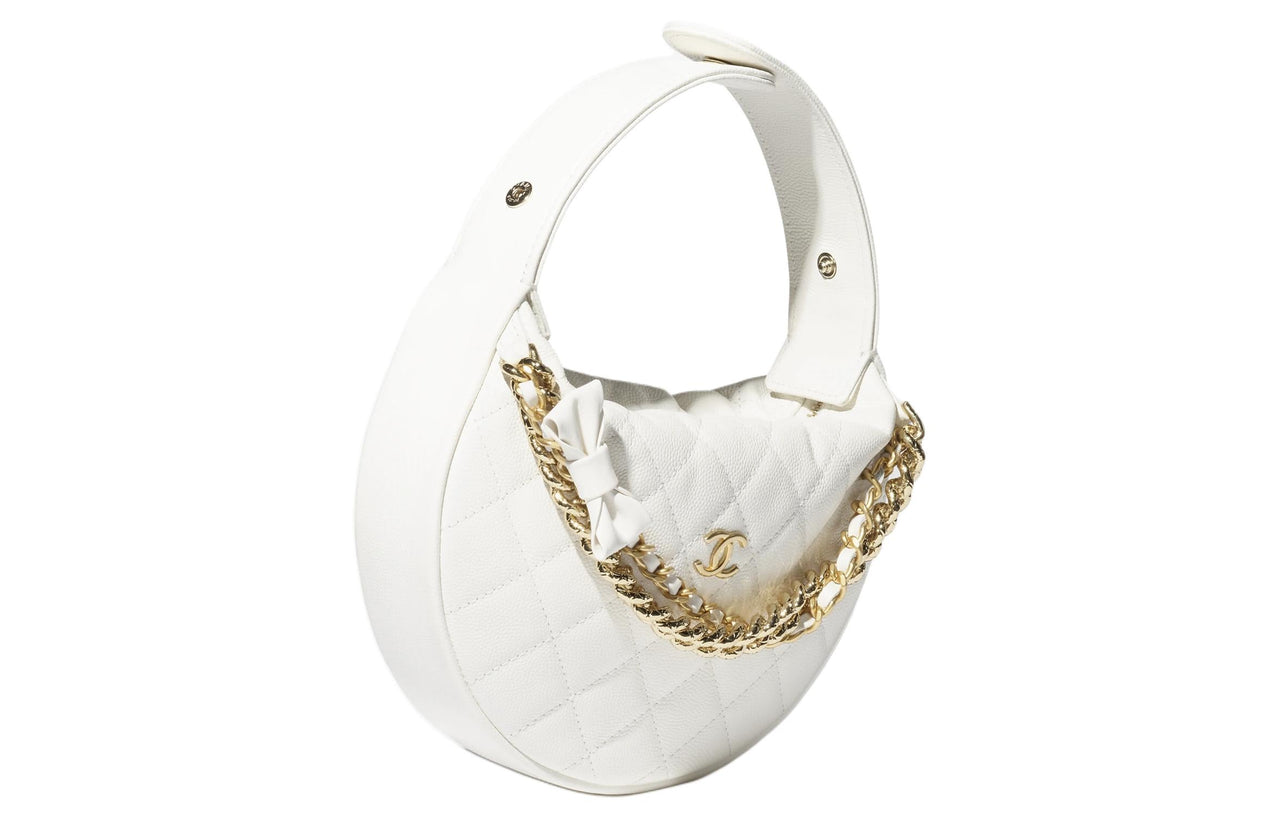 CHANEL Shiny Grain Calfskin Crescent Bag Handbag Women's White