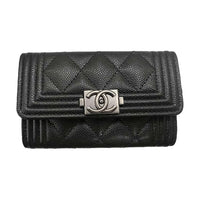 CHANEL LEBOY Litchi Skin Mouth Cover Wallet Card Holder Women's Black
