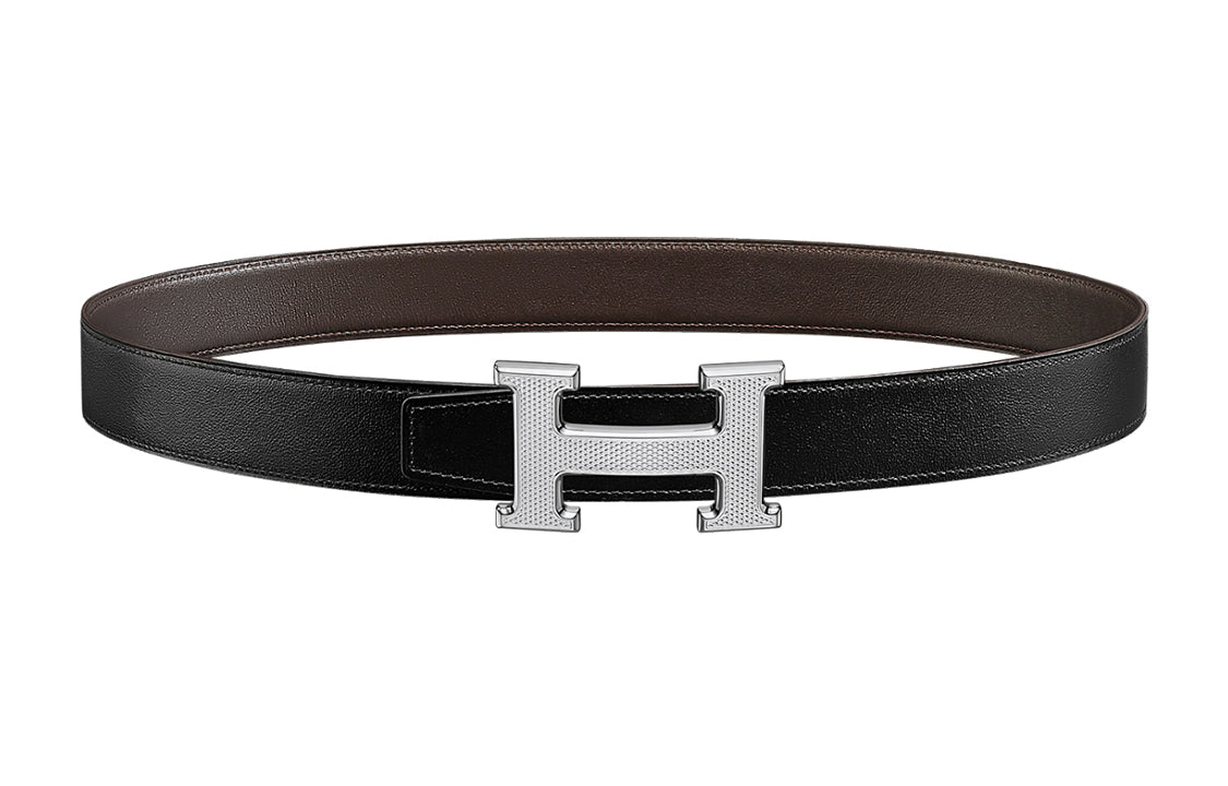 HERMES Avant Garde Silver Buckle Togo Calfskin Double Sided Leather Belt Women's Black/Dark Brown Width 3.2cm