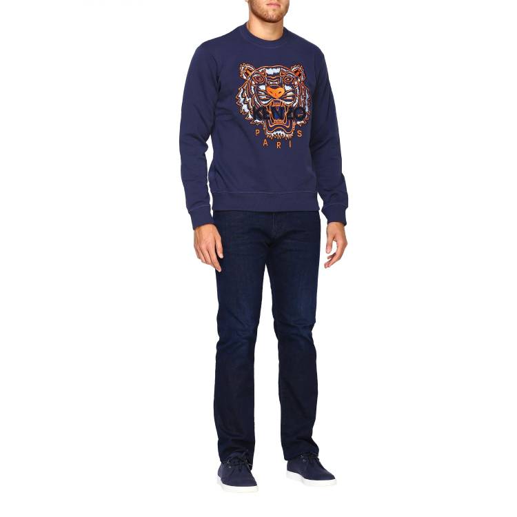 Men's KENZO Pattern Embroidered Round Neck Pullover Blue F965SW0014XA-78