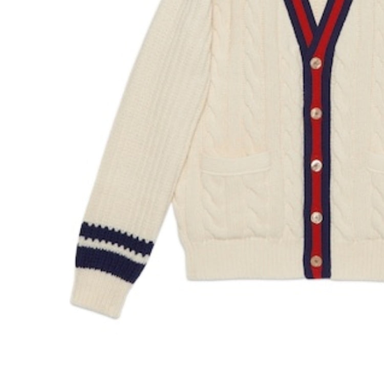 Gucci Cable Wool Knit Cardigan With Web 'Ivory' 763373-XKDPC-9189