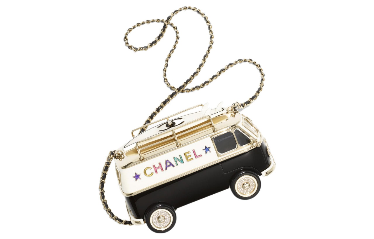 CHANEL Resin Glass Enamel Rhinestone Evening Bag Shoulder Bag Women's Black & White & Gold