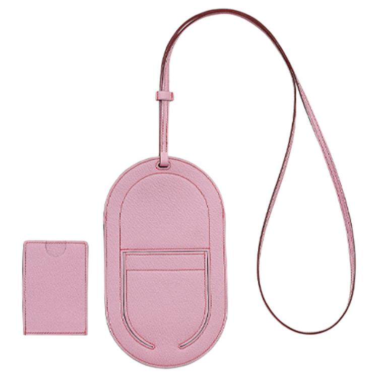 HERMES In The Loop Mysore Goat Skin Pig Nose Card Holder Cell Phone Pouch Large Size Women's Mallow Purple/Heart Red