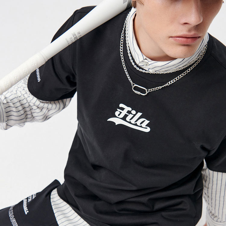 Men's FILA FUSION Logo Printing Round Neck Knit Short Sleeve Black T11M122111F-BK