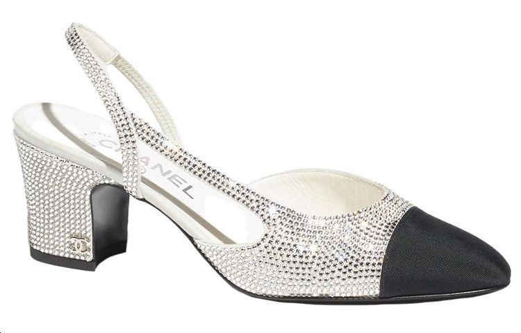 CHANEL Strass 65mm Slingbacks Silver Black Grosgrain Women's