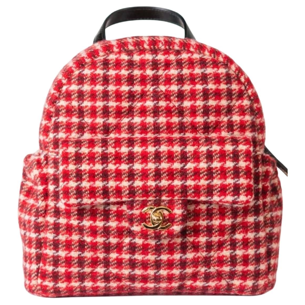 CHANEL Wool Twill Velvet Calfskin With Gold Metal Backpack Large Size Women's Red & White