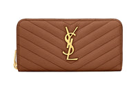 SAINT LAURENT Monogram Quilting Leather Long Zip Closure Wallets Women's Natural Brown