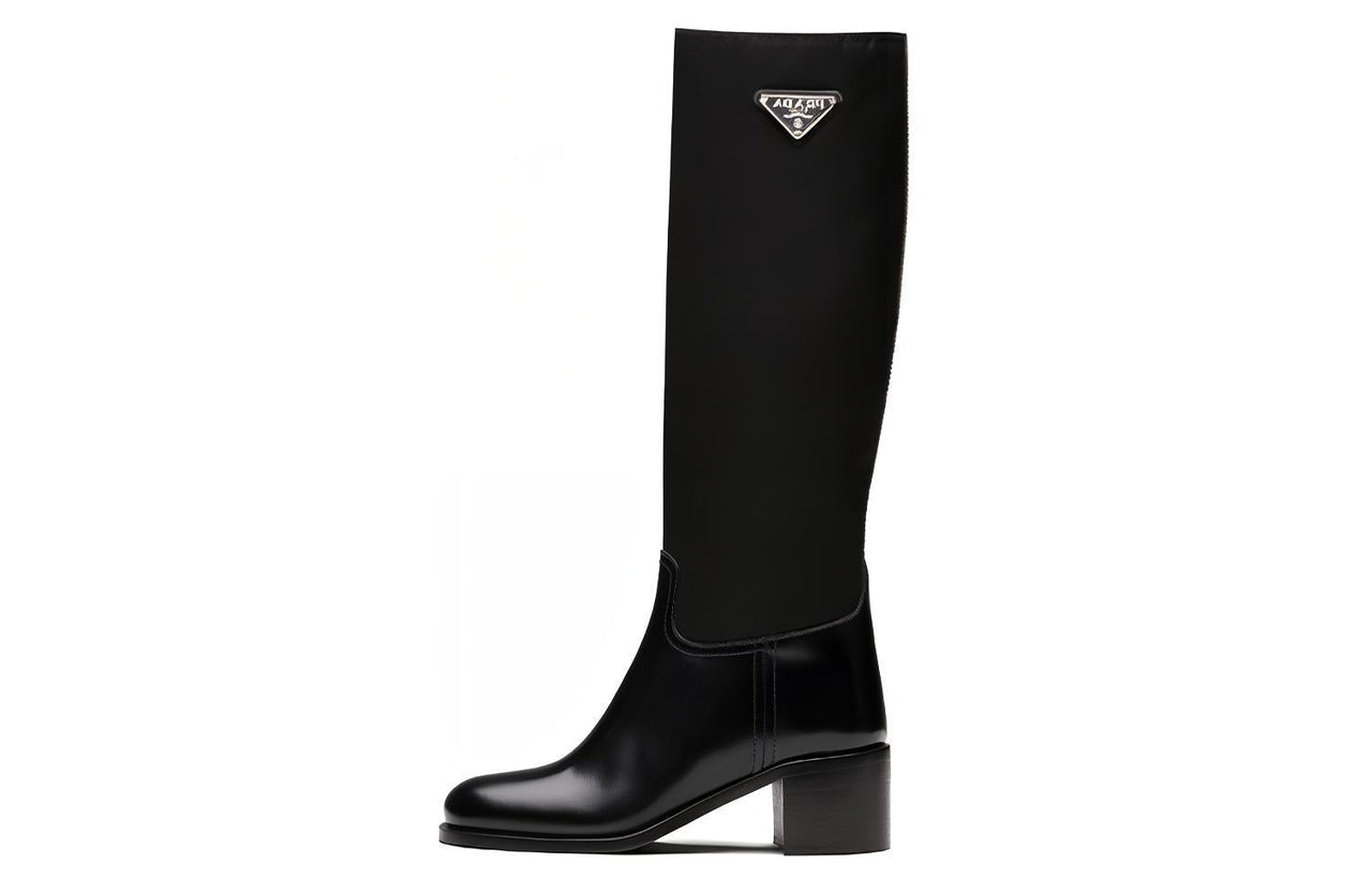 PRADA Black Brushed Leather And Re nylon Knee Boots 'Black' Women's