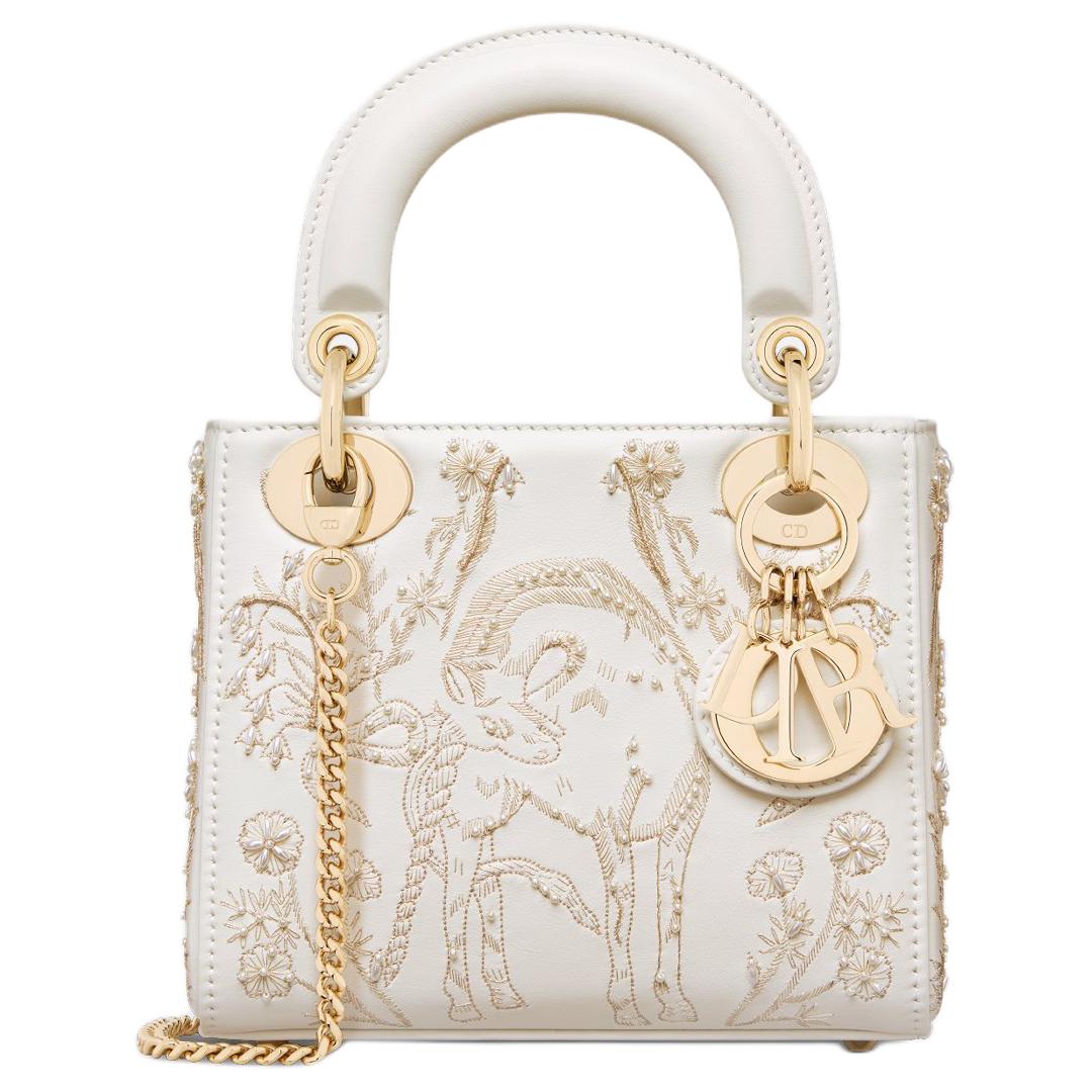 DIOR Lady Dior Cow Leather Crossbody Handbag Mini Women's Milk White