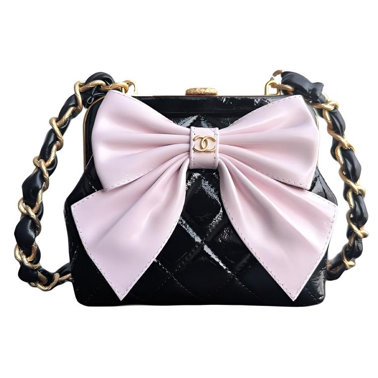 CHANEL 24A Bowknot Gold-Tone Metal Clutch With Chain Black/Pink