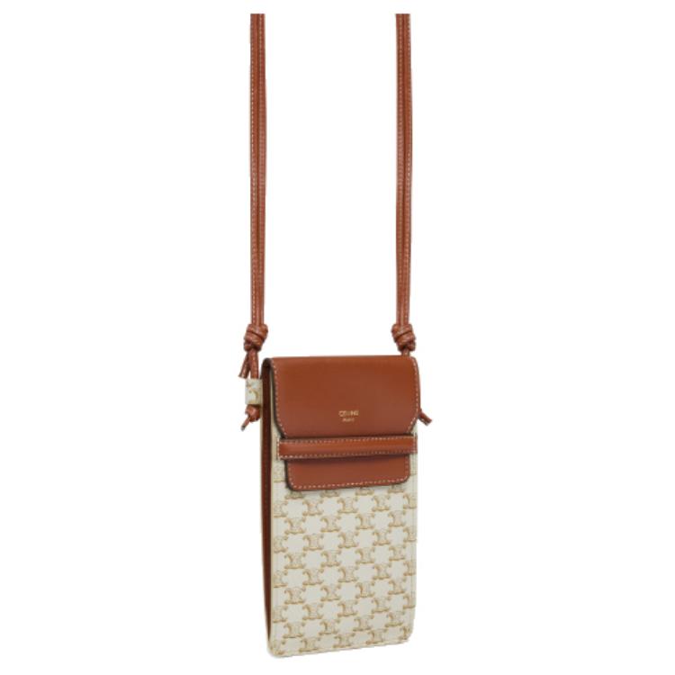 CELINE Triomphe Sheepskin One Shoulder Crossbody Cell Phone Pouch Unisex Brown/White